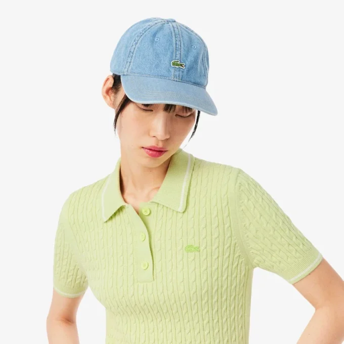 Camisola com gola polo em malha trançada às riscas