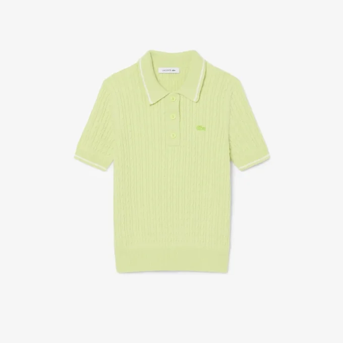 Camisola com gola polo em malha trançada às riscas