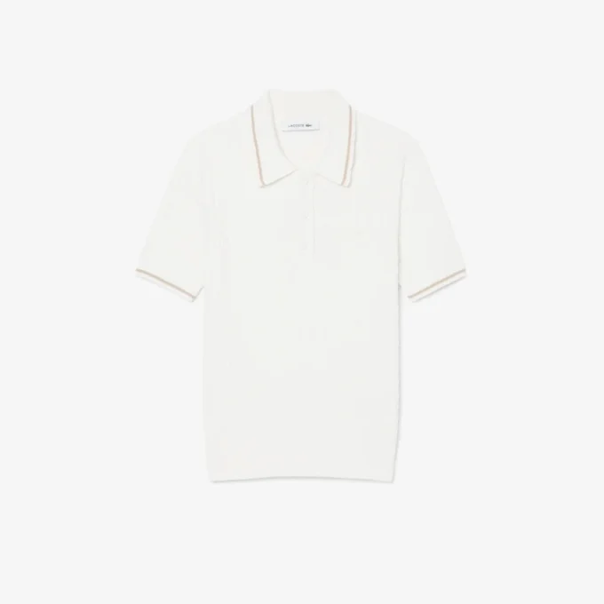 Camisola com gola polo em malha trançada às riscas