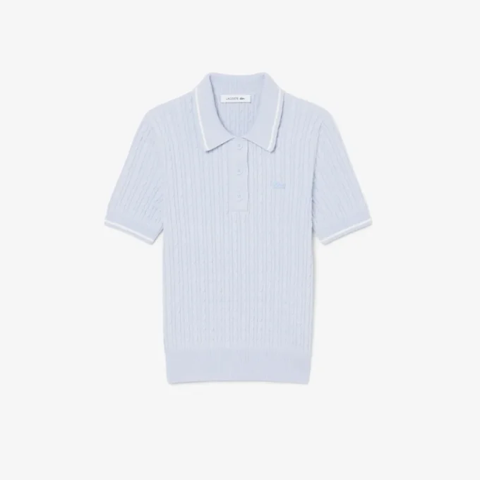 Camisola com gola polo em malha trançada às riscas