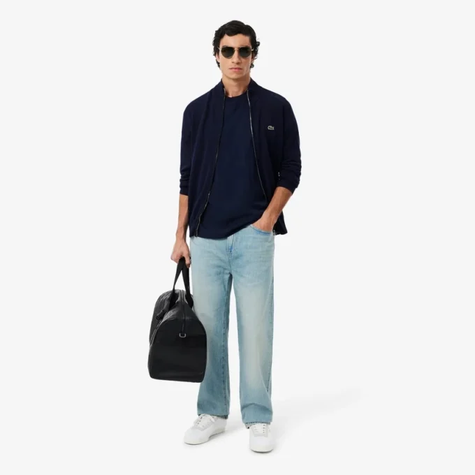 Camisola de algodão com gola alta e fecho para homem
