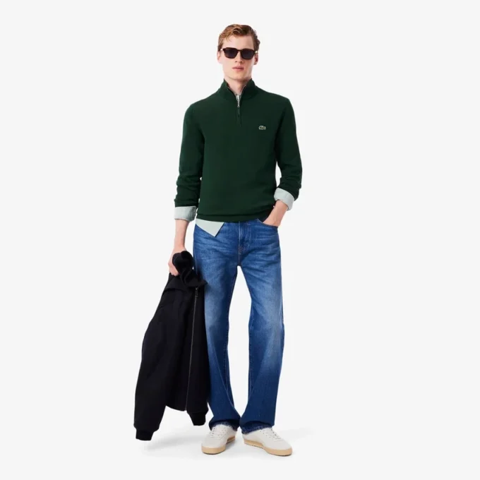 Camisola de algodão com gola alta e fecho para homem
