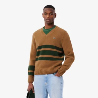Camisola de gola em V em lã às riscas para homem
