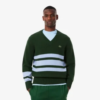 Camisola de gola em V em lã às riscas para homem