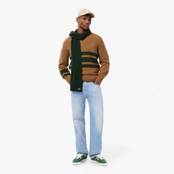 Camisola de gola em V em lã às riscas para homem