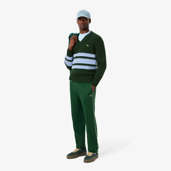 Camisola de gola em V em lã às riscas para homem