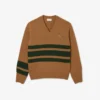 Camisola de gola em V em lã às riscas para homem