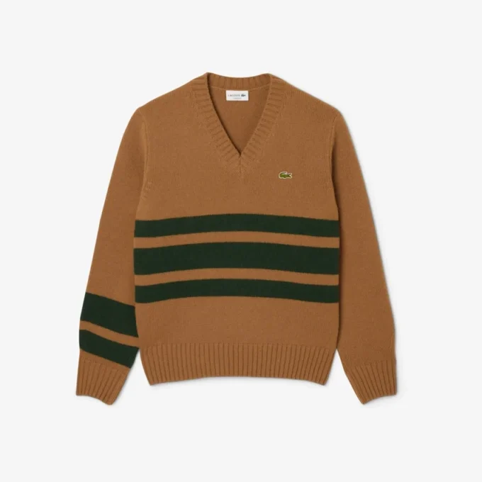 Camisola de gola em V em lã às riscas para homem