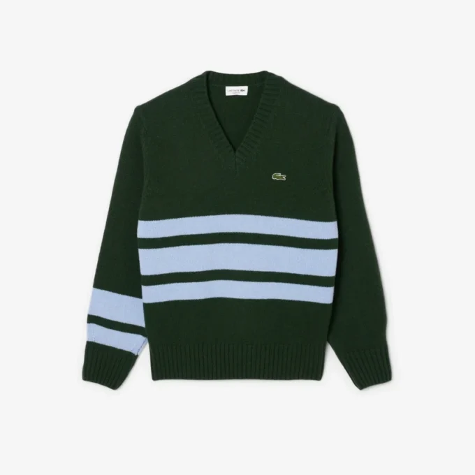 Camisola de gola em V em lã às riscas para homem