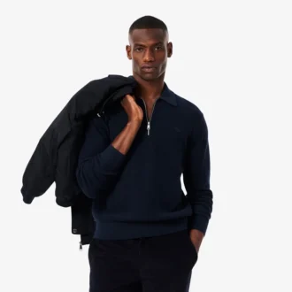 Camisola de gola polo com meio fecho em mistura de algodão e lã para homem