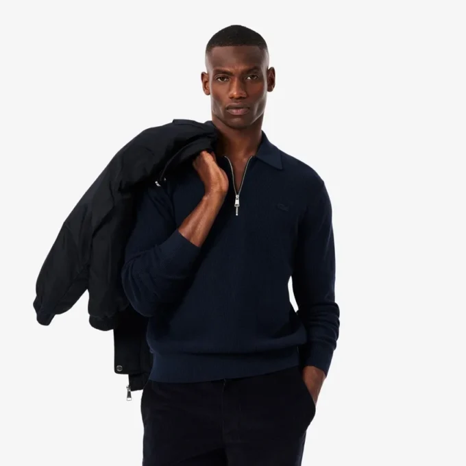Camisola de gola polo com meio fecho em mistura de algodão e lã para homem