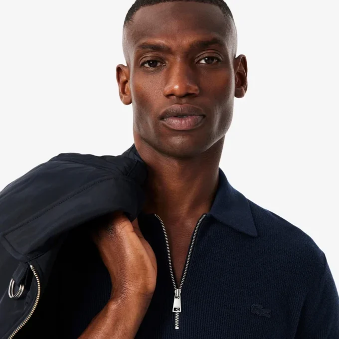Camisola de gola polo com meio fecho em mistura de algodão e lã para homem