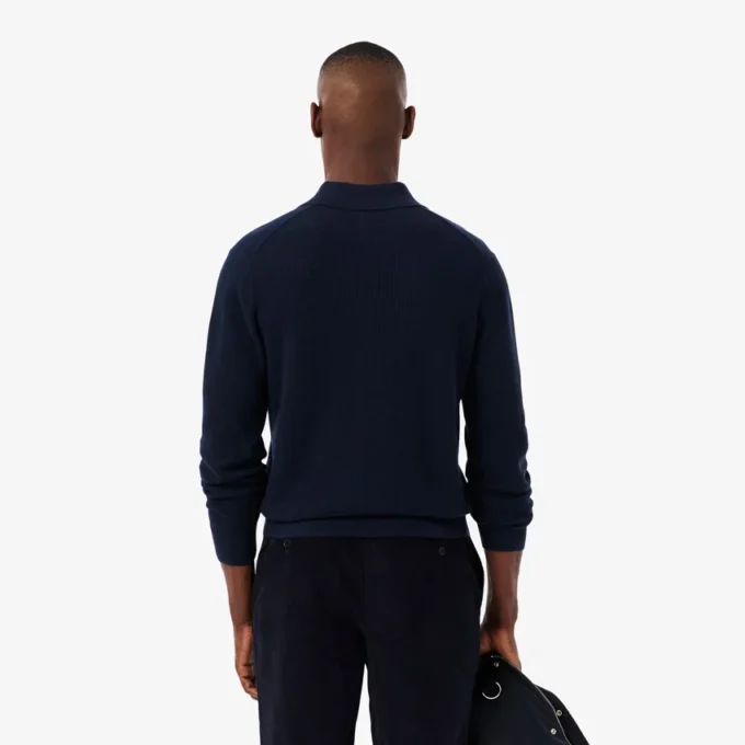 Camisola de gola polo com meio fecho em mistura de algodão e lã para homem