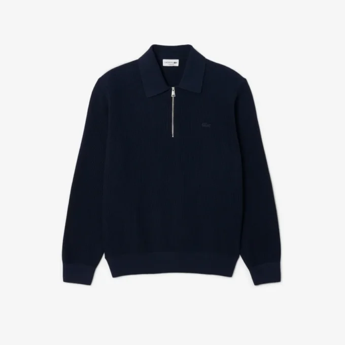 Camisola de gola polo com meio fecho em mistura de algodão e lã para homem