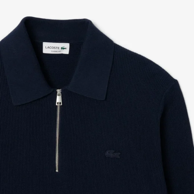 Camisola de gola polo com meio fecho em mistura de algodão e lã para homem
