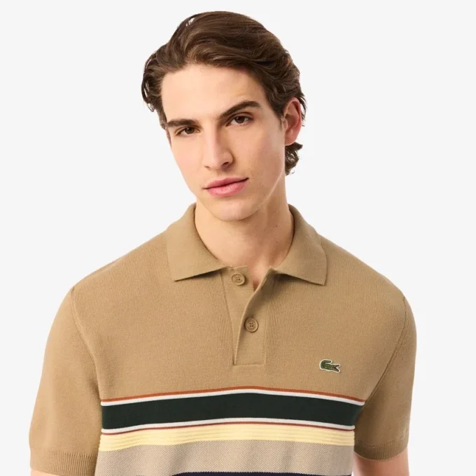 Camisola de gola polo às riscas para homem, fabricada em França