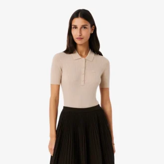 Camisola de lã merino com gola polo em malha canelada 3D