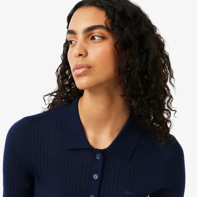 Camisola de lã merino com gola polo em malha canelada 3D