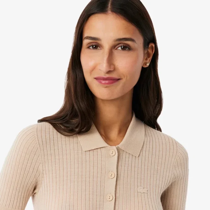 Camisola de lã merino com gola polo em malha canelada 3D