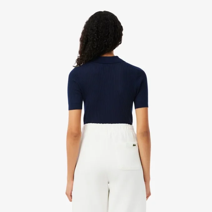 Camisola de lã merino com gola polo em malha canelada 3D