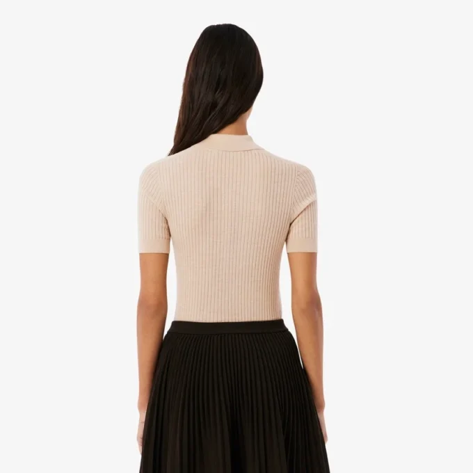 Camisola de lã merino com gola polo em malha canelada 3D