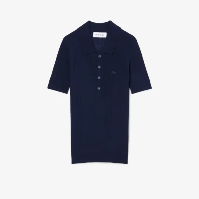Camisola de lã merino com gola polo em malha canelada 3D