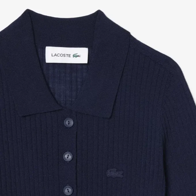 Camisola de lã merino com gola polo em malha canelada 3D