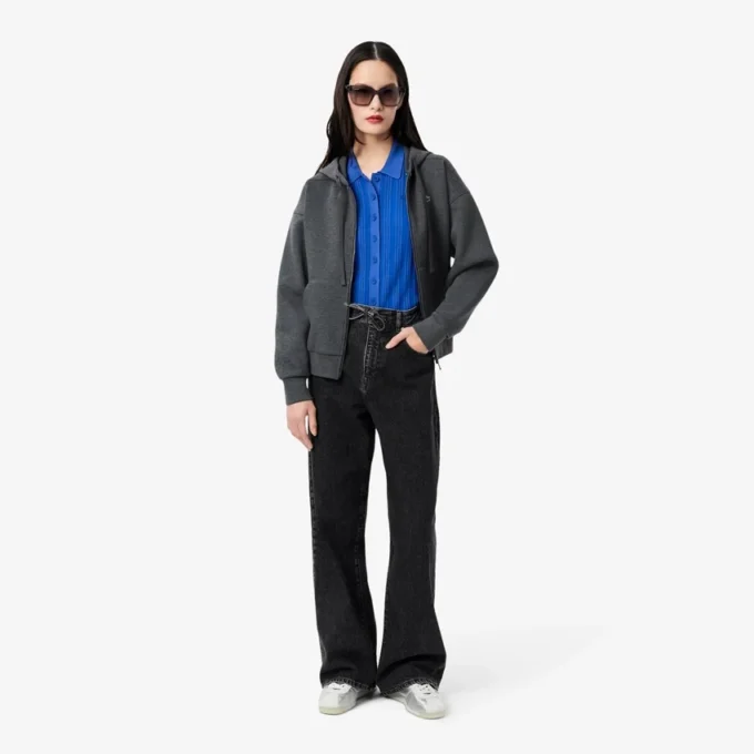 Camisola de malha canelada com gola polo para mulher