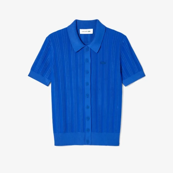 Camisola de malha canelada com gola polo para mulher