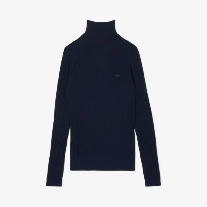 Camisola de malha canelada de lã merino com gola alta para mulher