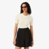 Camisola de malha canelada de lã merino de manga curta para mulher