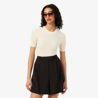 Camisola de malha canelada de lã merino de manga curta para mulher
