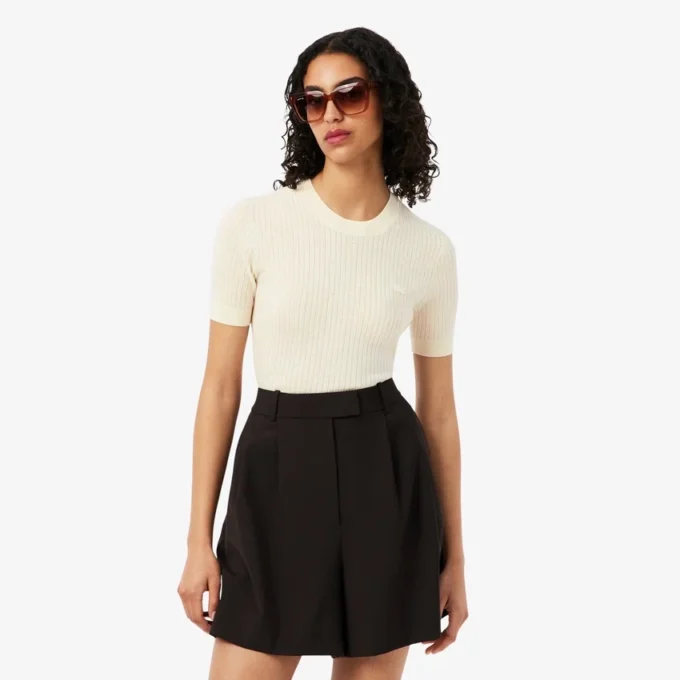 Camisola de malha canelada de lã merino de manga curta para mulher