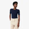 Camisola de malha canelada de lã merino de manga curta para mulher