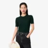 Camisola de malha canelada de lã merino de manga curta para mulher