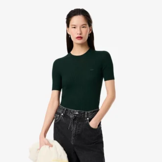 Camisola de malha canelada de lã merino de manga curta para mulher