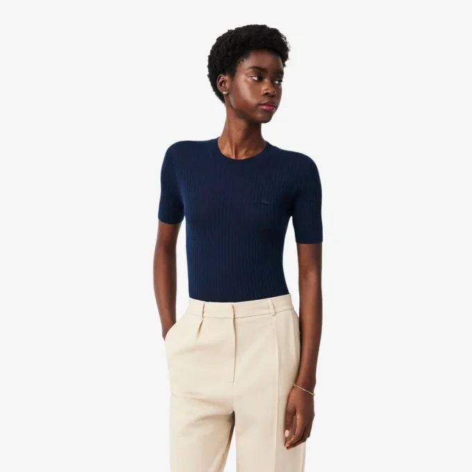 Camisola de malha canelada de lã merino de manga curta para mulher