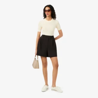 Camisola de malha canelada de lã merino de manga curta para mulher