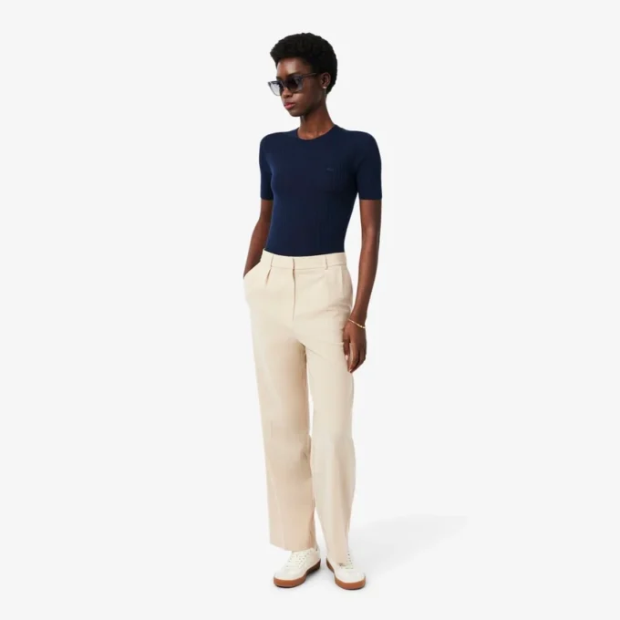 Camisola de malha canelada de lã merino de manga curta para mulher