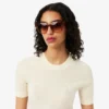 Camisola de malha canelada de lã merino de manga curta para mulher