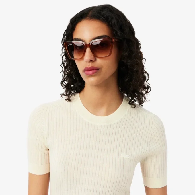 Camisola de malha canelada de lã merino de manga curta para mulher