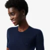 Camisola de malha canelada de lã merino de manga curta para mulher