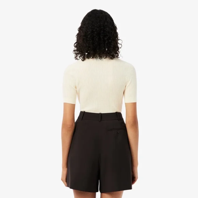 Camisola de malha canelada de lã merino de manga curta para mulher