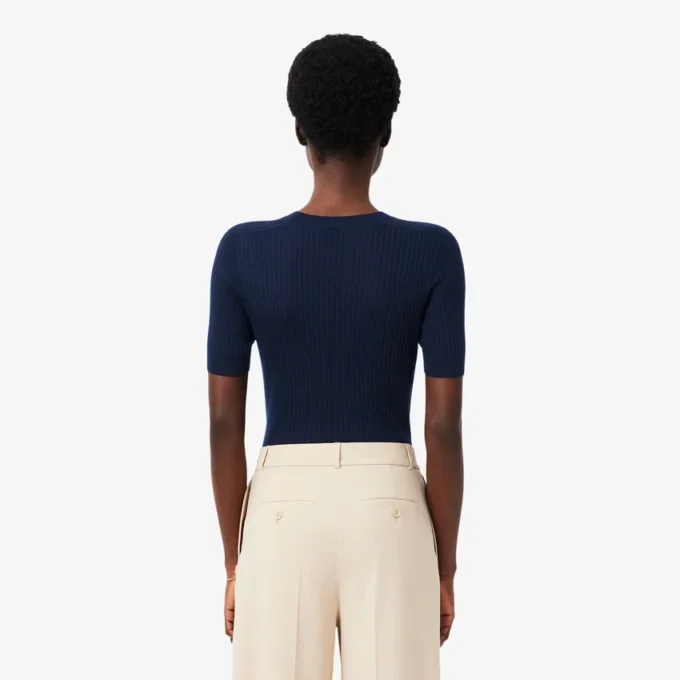 Camisola de malha canelada de lã merino de manga curta para mulher