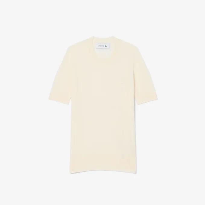 Camisola de malha canelada de lã merino de manga curta para mulher