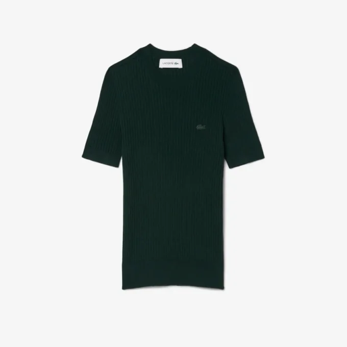 Camisola de malha canelada de lã merino de manga curta para mulher