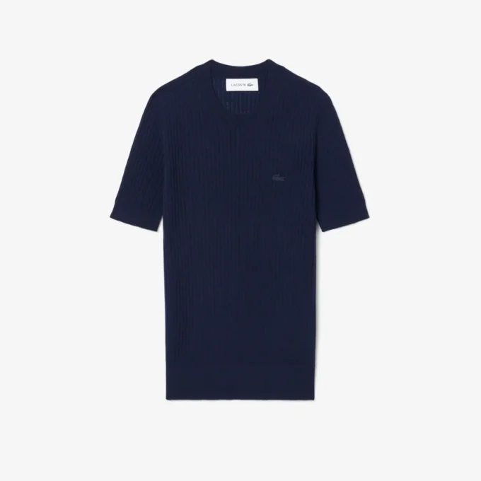 Camisola de malha canelada de lã merino de manga curta para mulher