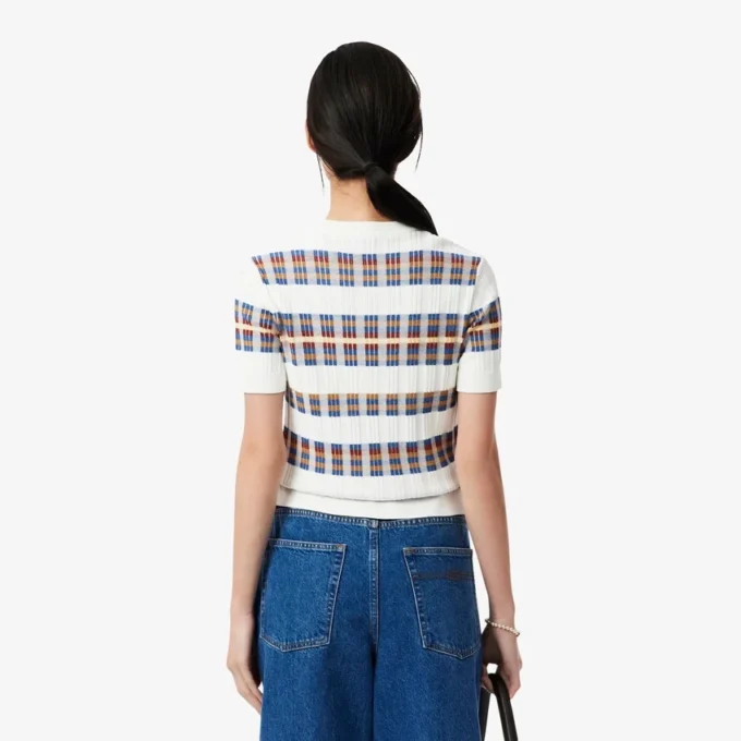 Camisola de malha canelada de manga curta para mulher