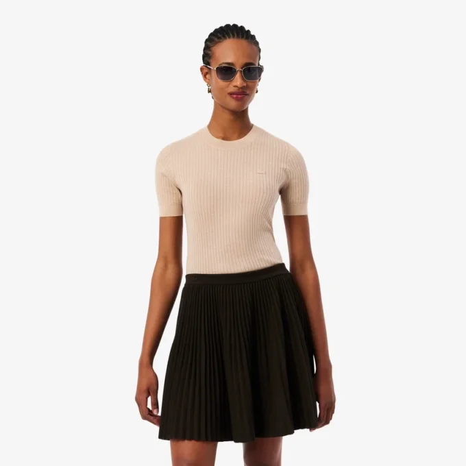 Camisola de malha canelada em lã merino de manga curta para mulher