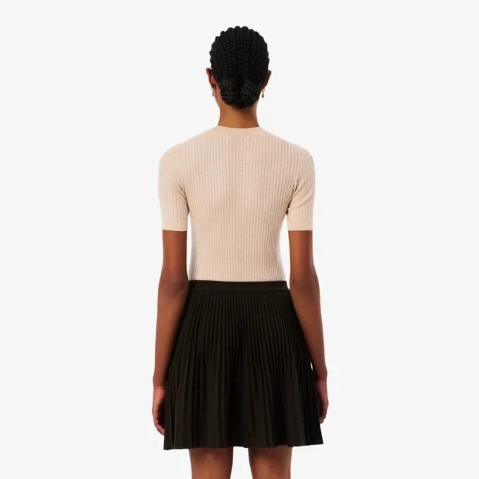 Camisola de malha canelada em lã merino de manga curta para mulher
